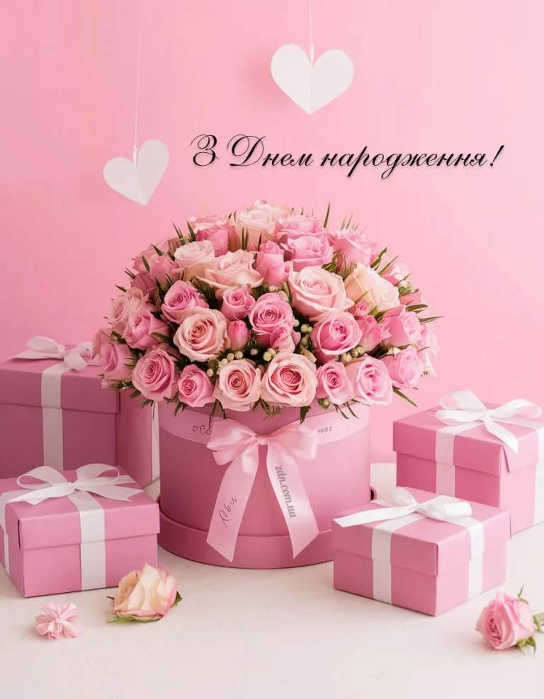 Листівки з днем народження молодій жінці, рожеві квіти в коробці