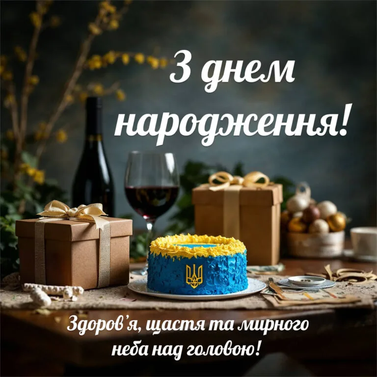 ПатПатріотичний синьо-жовтий торт з тризубом на столі, рядом коричневі подарунки з бантами, келих і пляшка вина та жовті гілочки.ріотичне привітання з днем народження для чоловіка із побажаннями та тортом