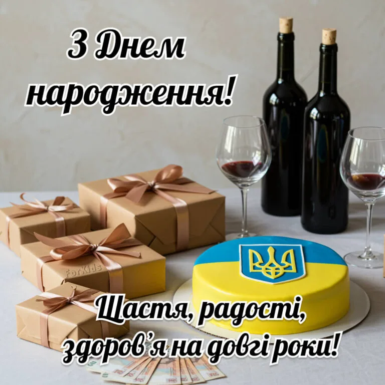 Торт у синьо-жовтих кольорах з тризубом, дві пляшки вина, подарункові коробки та банкноти символізують святкування та побажання щастя, радості й здоров’я