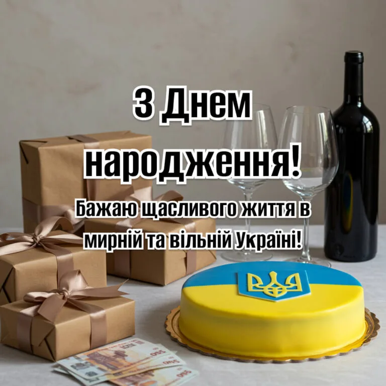 Жовто-синій торт з тризубом, подарунки, бокали та пляшка вина символізують святкування і побажання щасливого життя у мирній та вільній УкраїніЗ Днем народження мужчині. Бажаю щасливого життя в мирній та вільній Україні