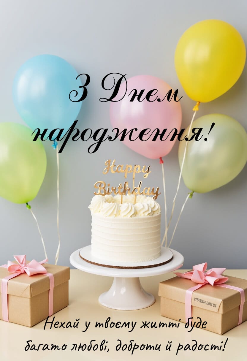 Картинка з Днем Народження з тртом і повітряними кульками