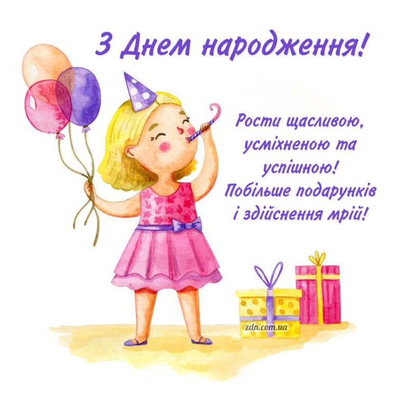 Листівка з привітанням з Днем народження для дівчинки з кульками та подарунками