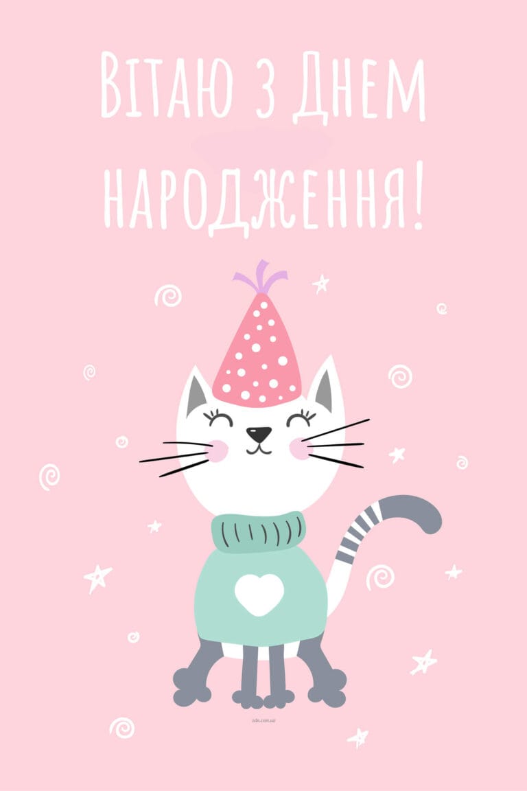 Милий котик у святковому ковпаку вітає з днем народження. Веселе зображення з котиком у святковому ковпаку на рожевому фоні, ідеально підходить для привітання дівчинки з днем народження — для сестри, донечки чи подружки.