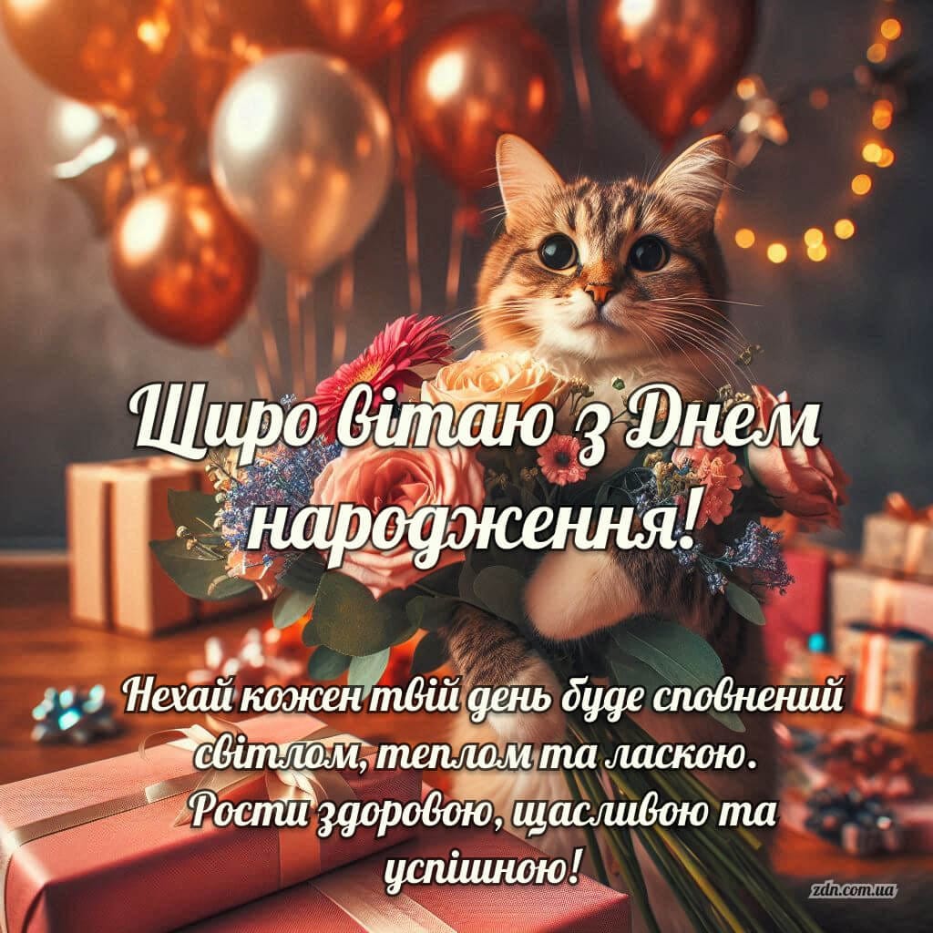 Привітання з днем народження дівчині з милим котиком і букетом квітів серед подарунків