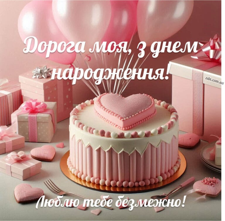Привітання з Днем народження для дівчини з тортом у вигляді серця, повітряними кульками та подарунками — для коханої, подруги, сестри