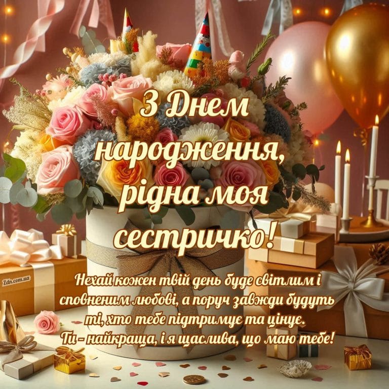 Розкішна святкова листівка з квітами для сестри з днем народження