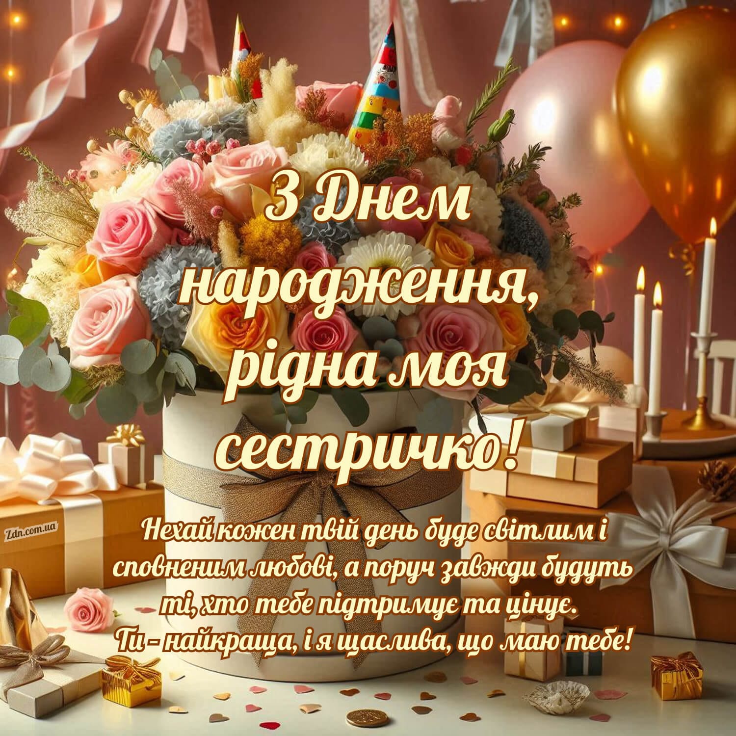 Розкішна святкова листівка з квітами для сестри з днем народження