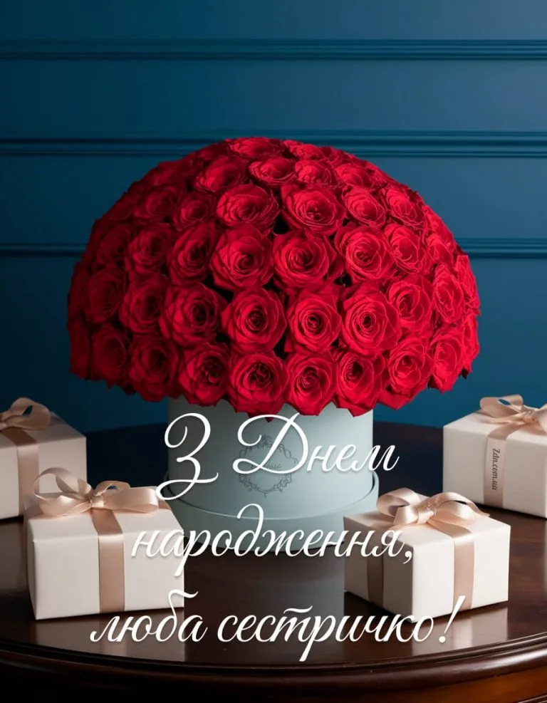 Стильне привітання з днем народження сестрі з червоними трояндами і подарунками