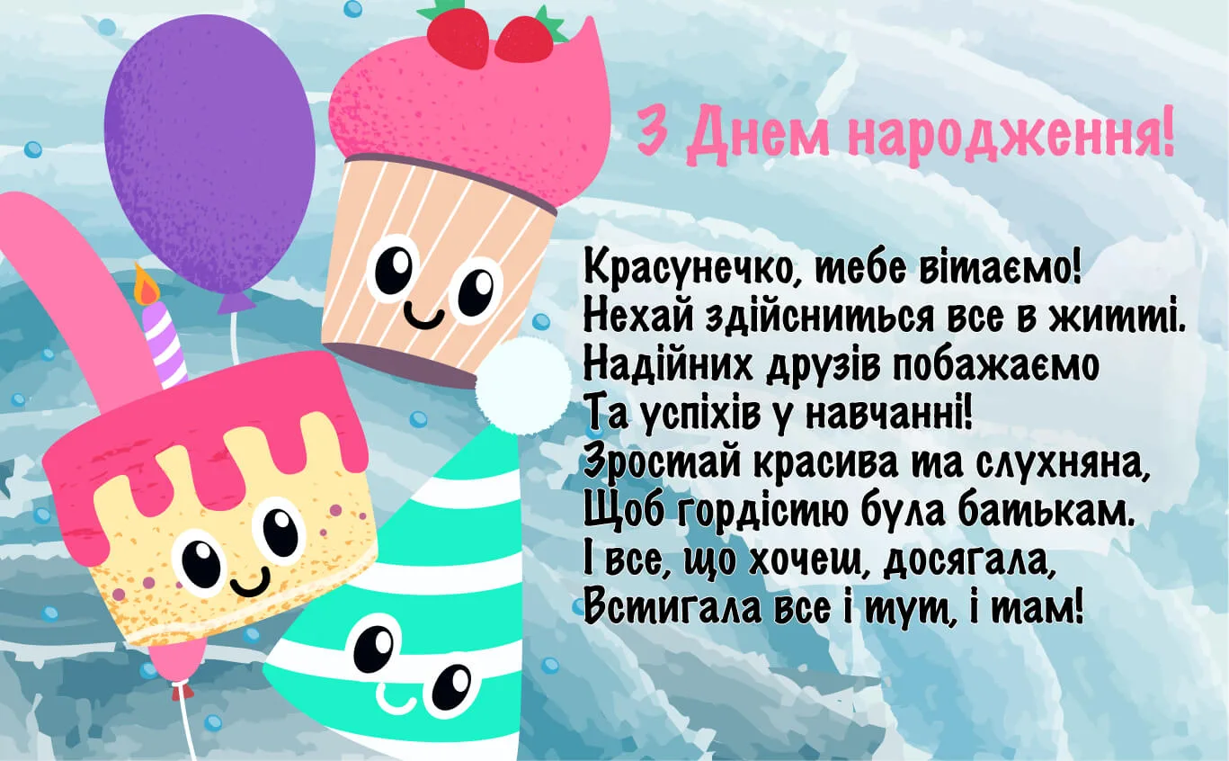 Весела листівка на день народження з кексами для дівчинки