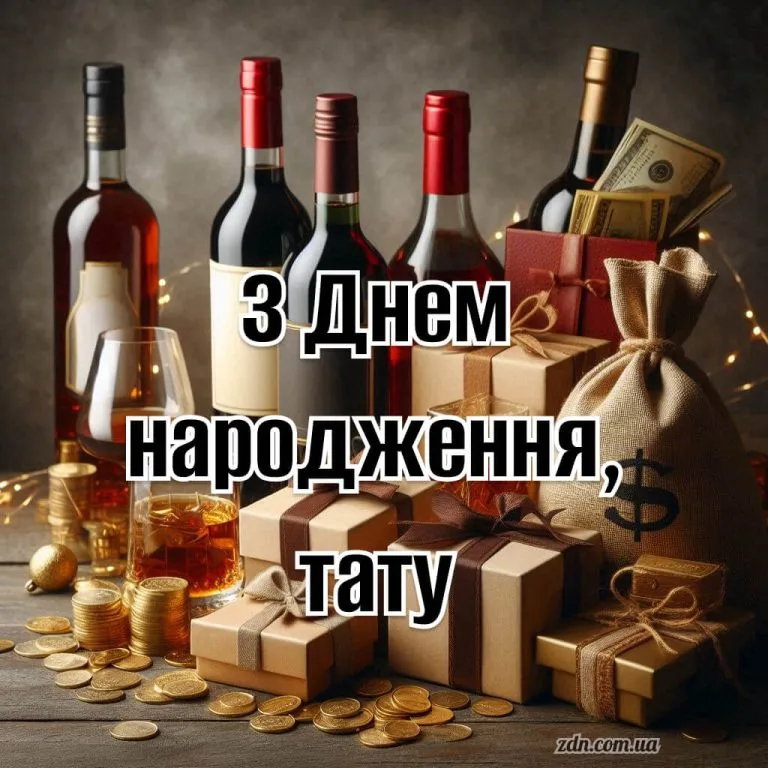 Картинка з подарунками та вином для тата з днем народження