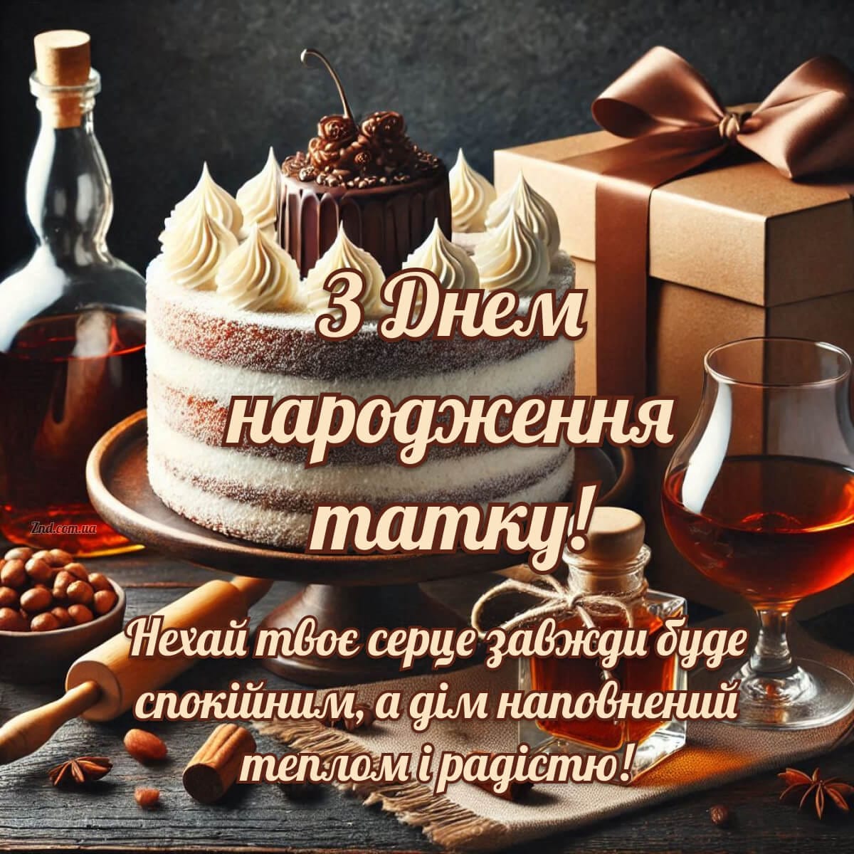 Картинка з тортом і подарунком для тата на день народження