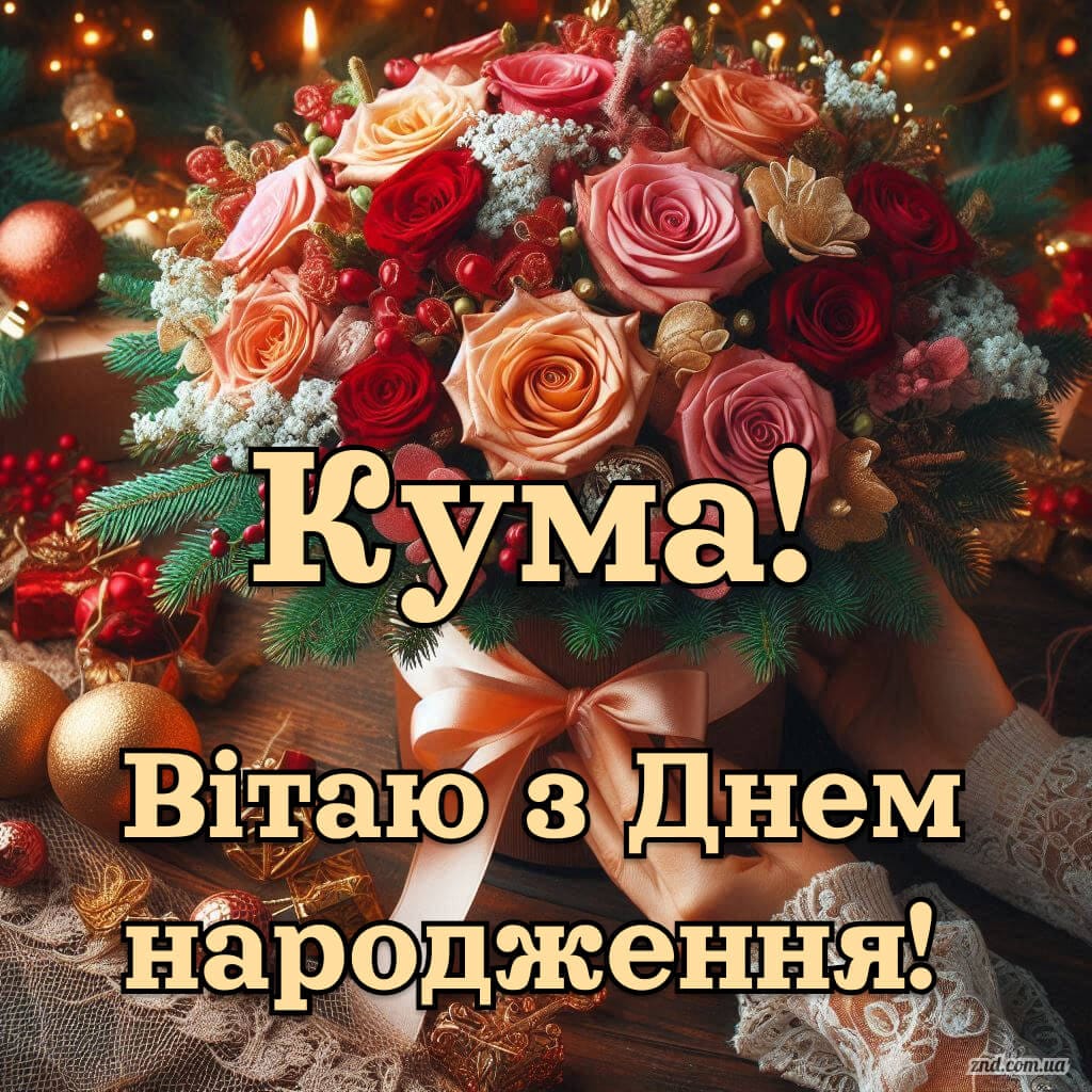 Красива листівка для куми з букетом троянд і теплими побажаннями до дня народження — яскраве та щире вітання українською.