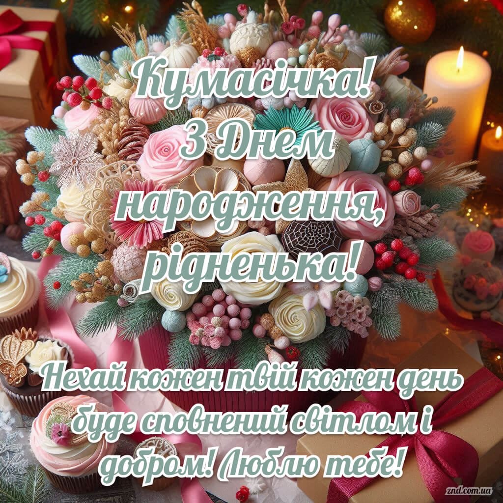 Красива листівка з днем народження для кумасічки з ніжним букетом і свічками. Тепле побажання українською мовою для рідної куми.