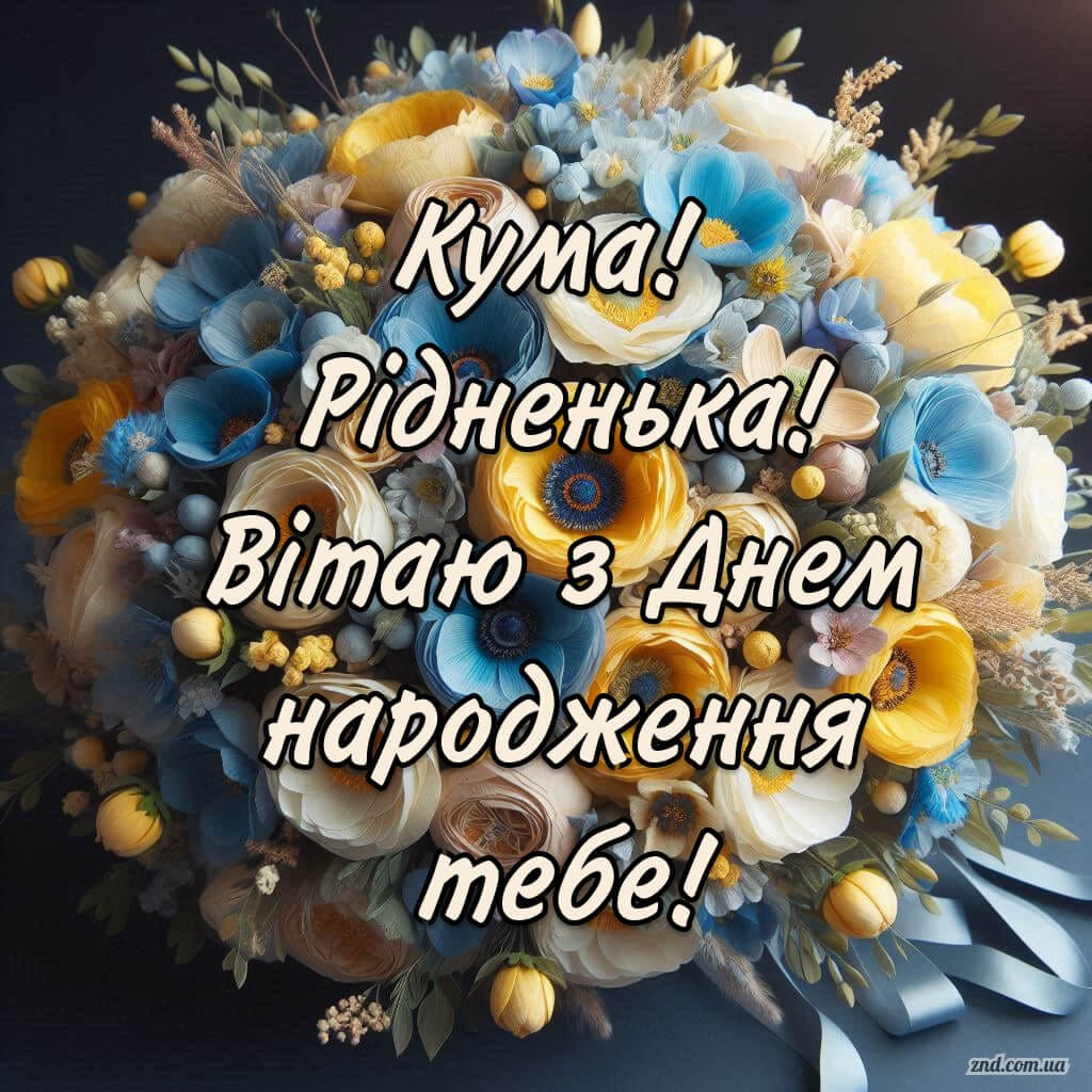 Красива листівка кумі з днем народження з букетом квітів