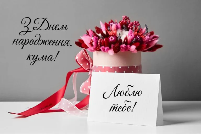 Листівка з днем народження кумі з рожево червоним букетом. Ніжне привітання з любов’ю українською мовою для близької куми.