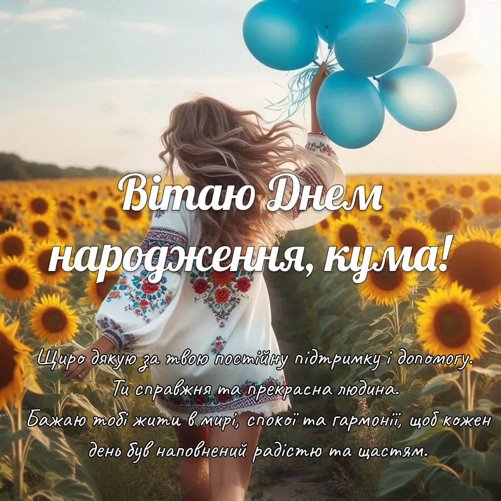 Патріотична листівка для куми з днем народження у полі соняшників з блакитними кульками, символами миру, радості та України