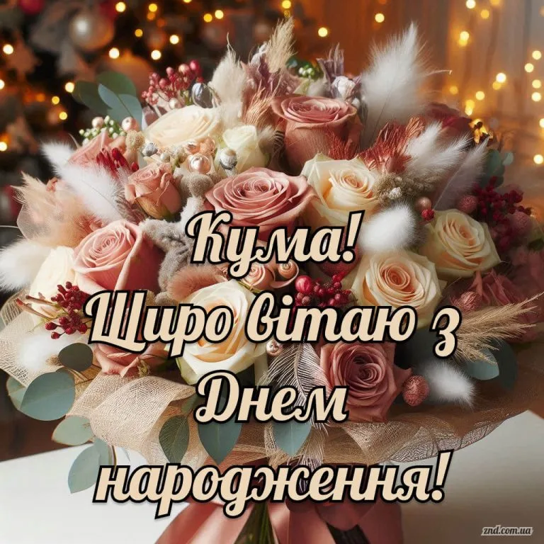 Сучасна листівка для куми з днем народження з букетом троянд у теплих відтінках і щирими побажаннями радості та щастя.