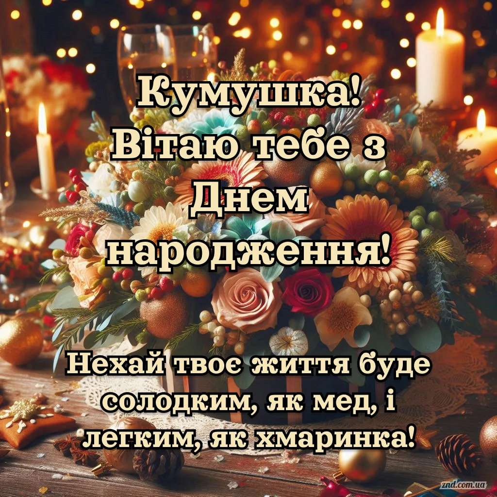 Вітальна листівка кумі з днем народження з квітами, свічками та теплими побажаннями щастя. Гарне жіноче привітання українською мовою.