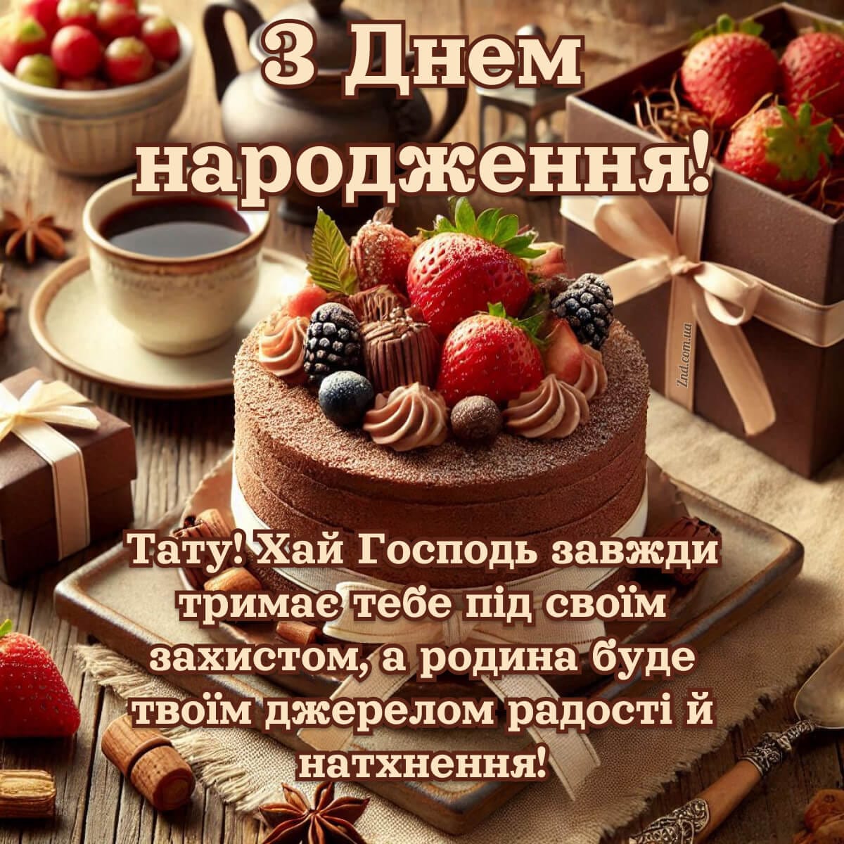Зворушлива картинка з тортом і кавою для тата від дочки