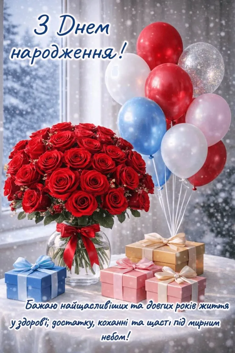 Зимова картинки з Днем народження для жінки, куми, дівчини, подруги чи колеги українською із побажанням мирного неба