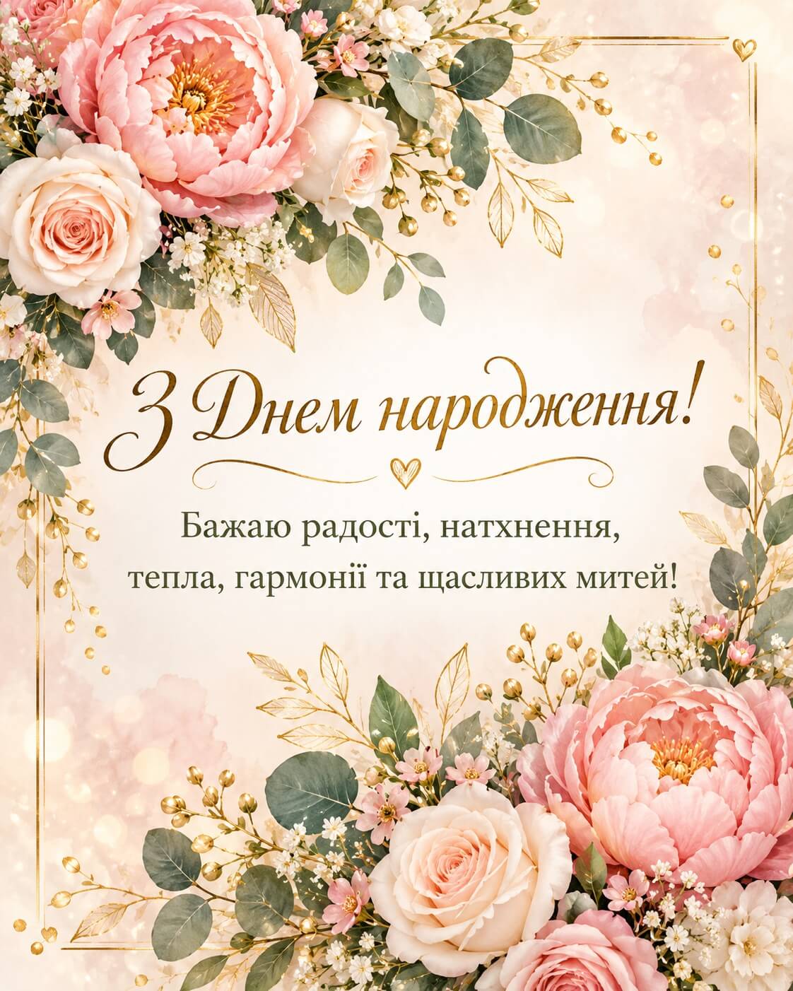 Класична листівка з днем народження жінці з рожевими півоніями, кремовими трояндами та побажанням радості й гармонії