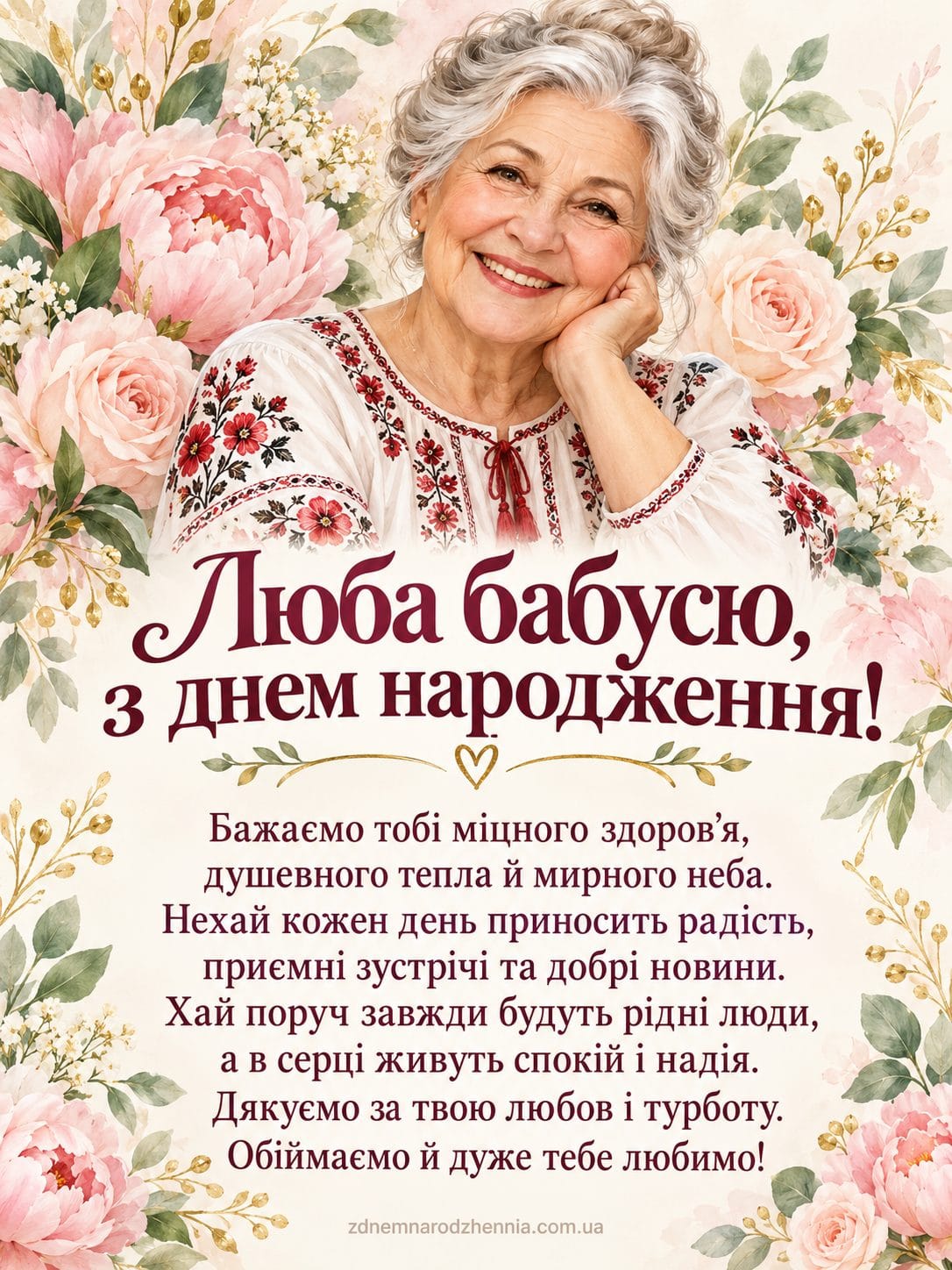 Листівка з днем народження бабусі своїми словами: усміхнена бабуся у вишиванці, рожеві півонії, троянди та тепле привітання