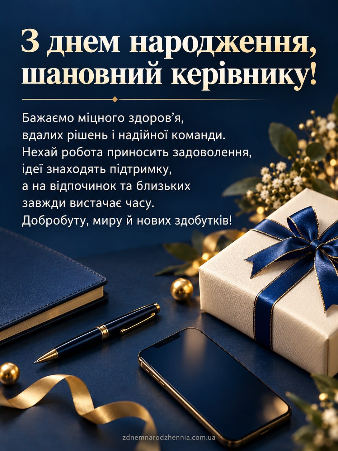Листівка з днем народження керівникові своїми словами: подарунок із синьою стрічкою, записник і ручка на темно-синьому тлі