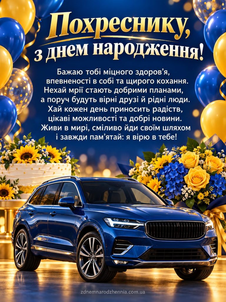 Листівка з днем народження похреснику своїми словами: синій автомобіль, торт із соняшниками, квіти та синьо-жовті кульки
