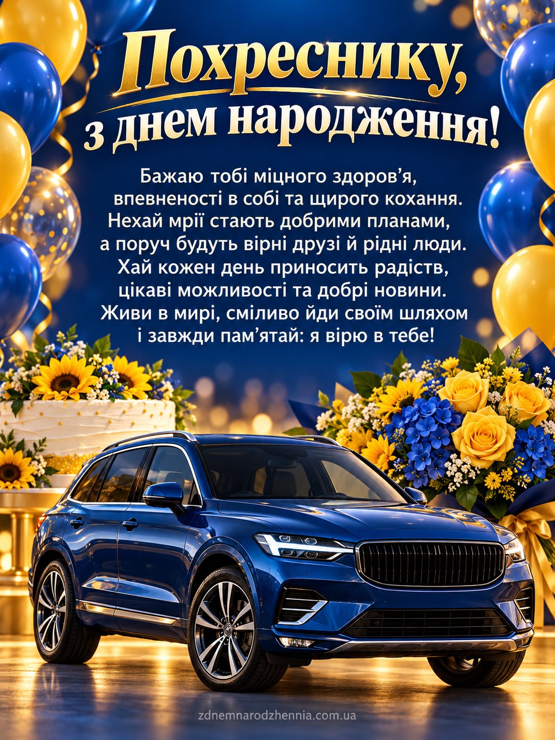 Листівка з днем народження похреснику своїми словами: синій автомобіль, торт із соняшниками, квіти та синьо-жовті кульки