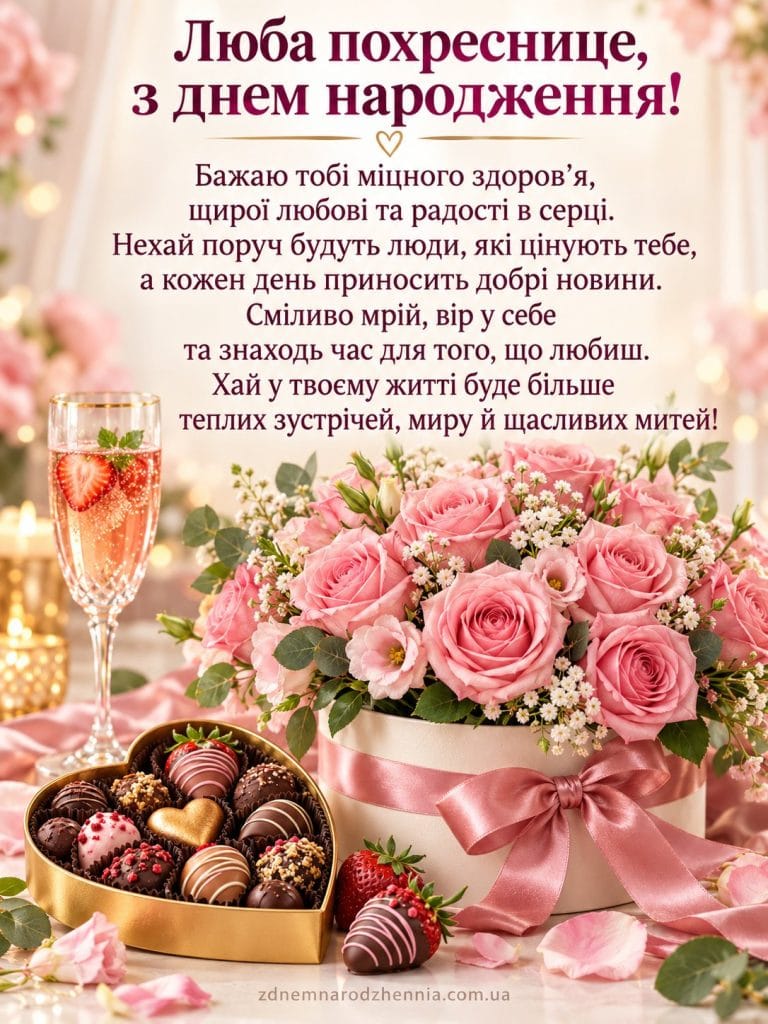 Листівка з днем народження похресниці своїми словами: рожеві троянди з атласним бантом, коробка цукерок у формі серця та щире привітання