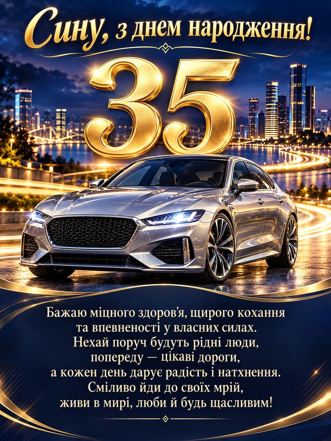 Листівка з днем народження сину на 35 років: золоті цифри 35, сріблястий автомобіль і привітання українською на темно-синьому тлі